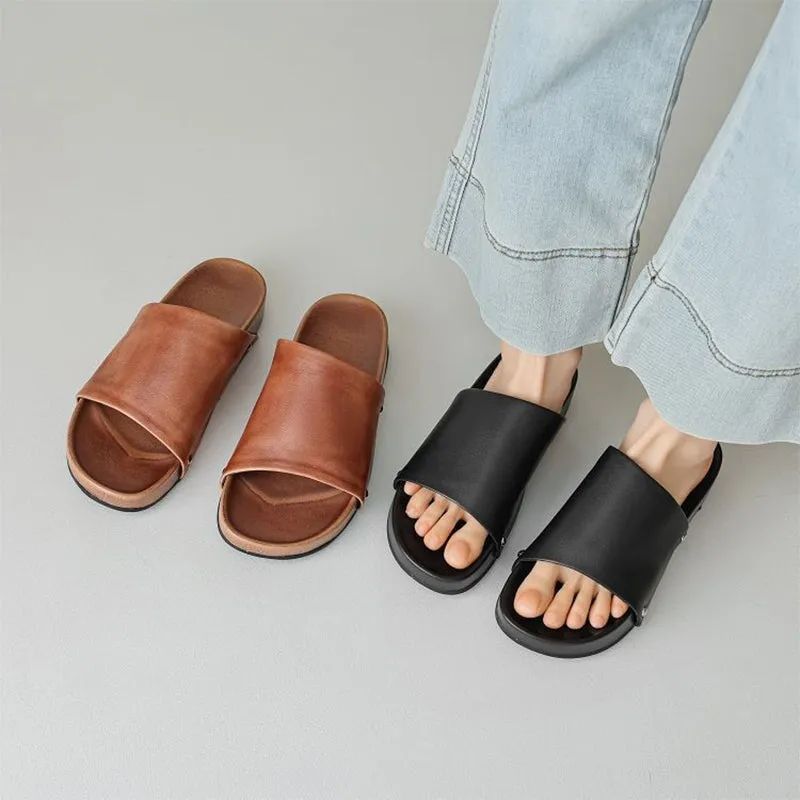 Handcrafted Leather Flats Peep Toe Summer Slippers in Black/Brown