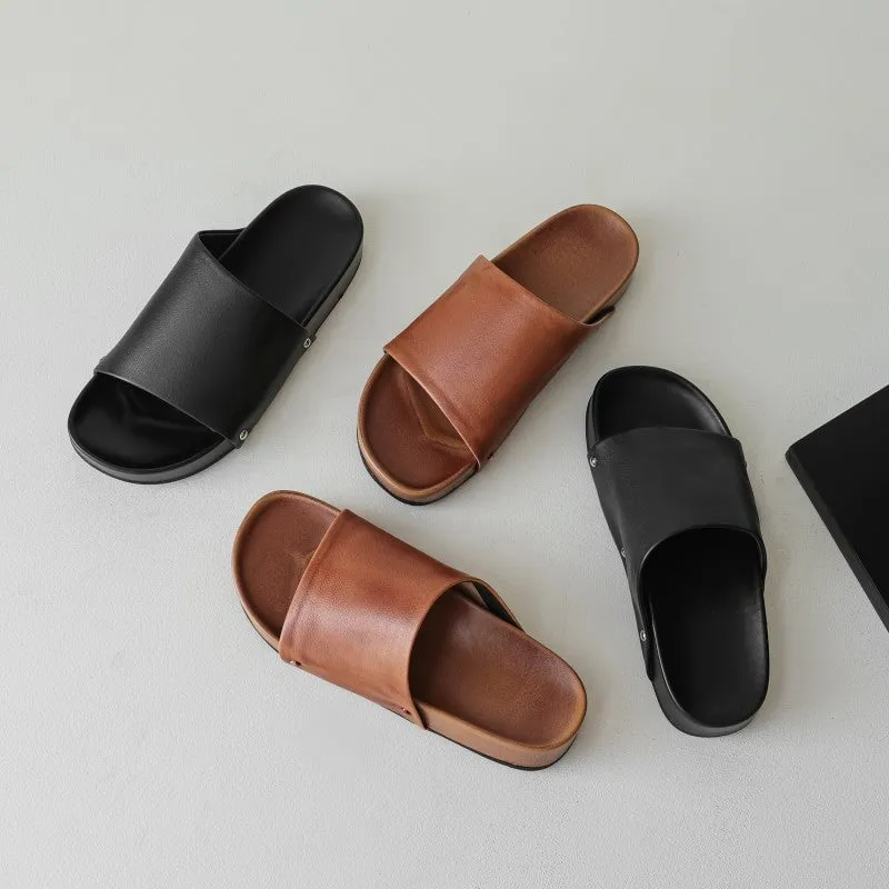 Handcrafted Leather Flats Peep Toe Summer Slippers in Black/Brown