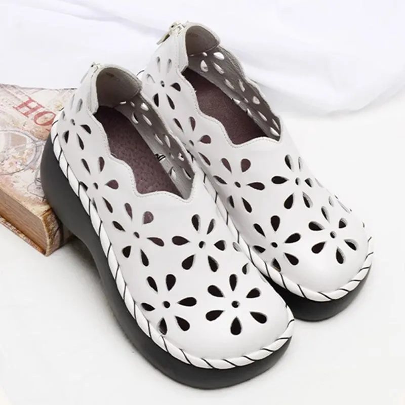 Handmade Cut Out Leather Platform Sandals Women Casual Walking Shoes in Black/White/Red