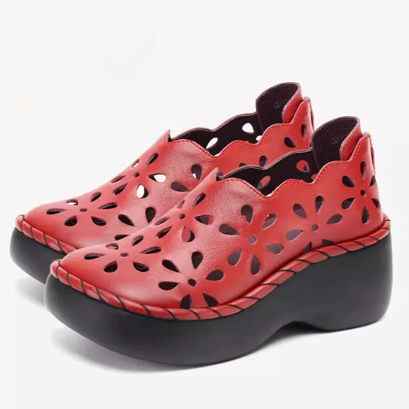 Handmade Cut Out Leather Platform Sandals Women Casual Walking Shoes in Black/White/Red