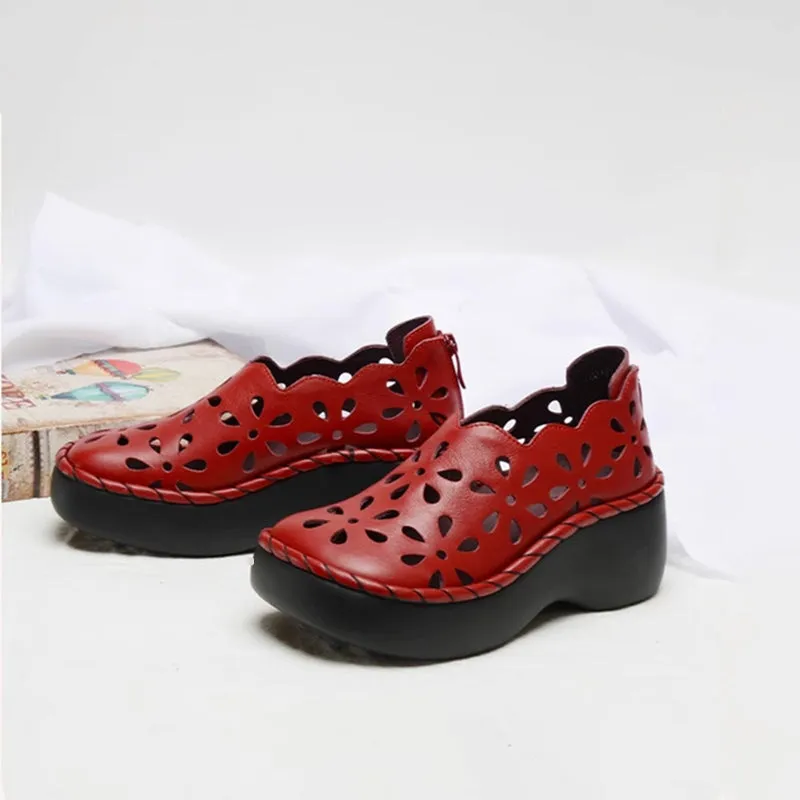 Handmade Cut Out Leather Platform Sandals Women Casual Walking Shoes in Black/White/Red