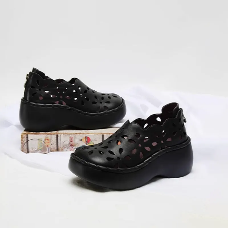 Handmade Cut Out Leather Platform Sandals Women Casual Walking Shoes in Black/White/Red