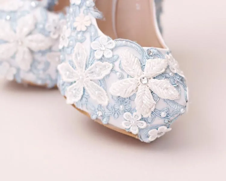 Handmade High Heels Round Toe Blue Lace Crystal Wedding Shoes, SY0111