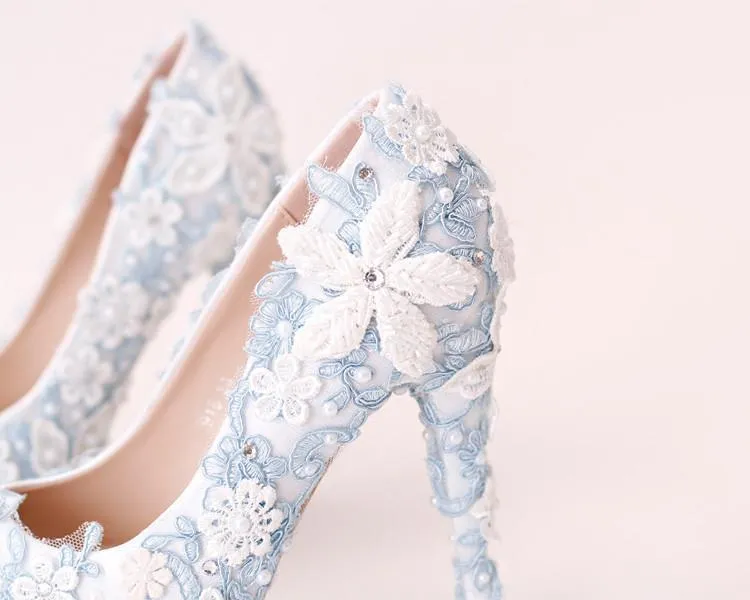 Handmade High Heels Round Toe Blue Lace Crystal Wedding Shoes, SY0111