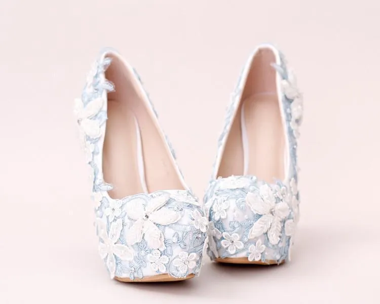 Handmade High Heels Round Toe Blue Lace Crystal Wedding Shoes, SY0111