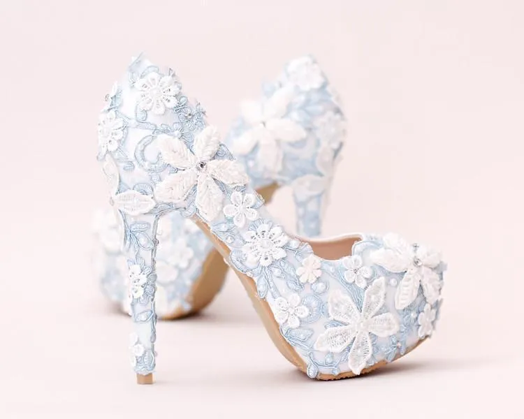 Handmade High Heels Round Toe Blue Lace Crystal Wedding Shoes, SY0111