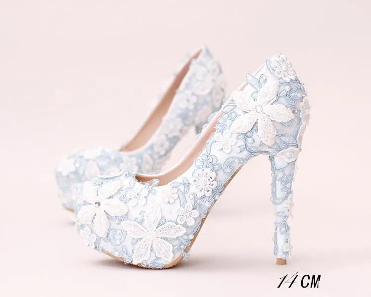 Handmade High Heels Round Toe Blue Lace Crystal Wedding Shoes, SY0111