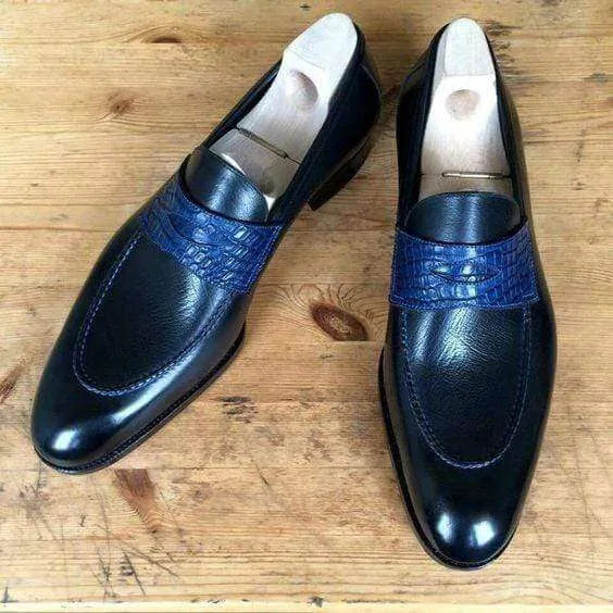 Handmade Men's Navy Blue Leather Slip On Shoes