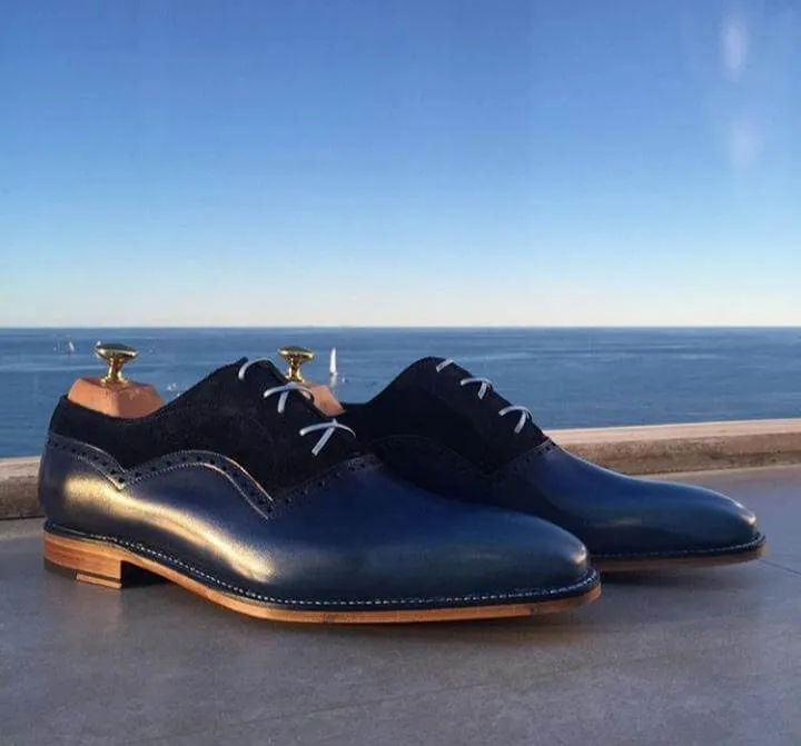 Handmade Men's Navy Blue Leather Suede Lace Up Shoes