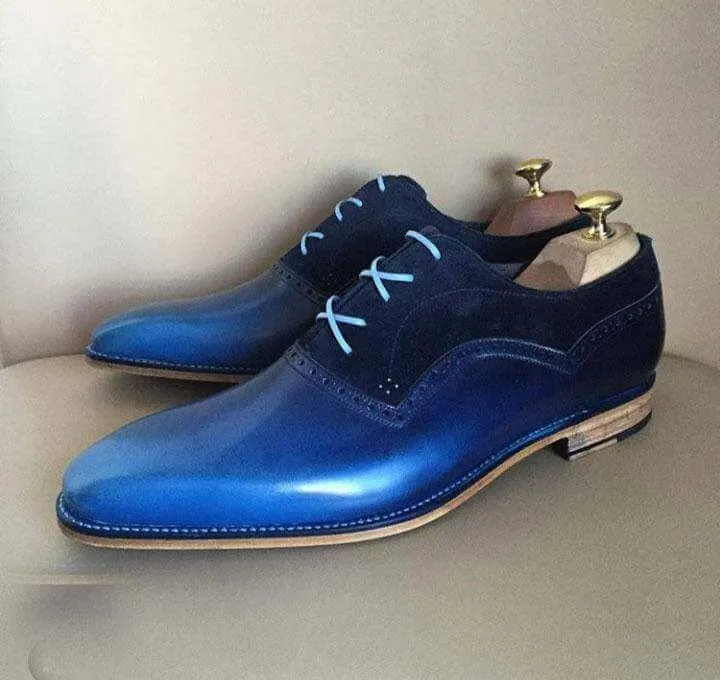 Handmade Men's Navy Blue Leather Suede Lace Up Shoes