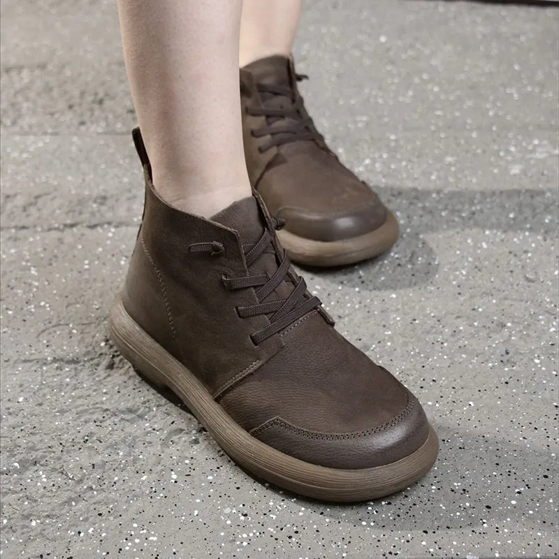 Handmade Retro Leather Ankle Boots For Women in Coffee/Gray