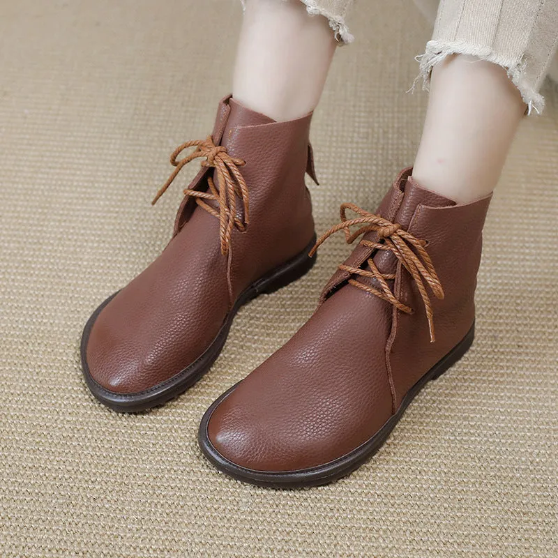 Handmade Women's Leather Barefoot Booties Round Toe Lace-Up Flat Ankle Boots Brown/Black/Coffee