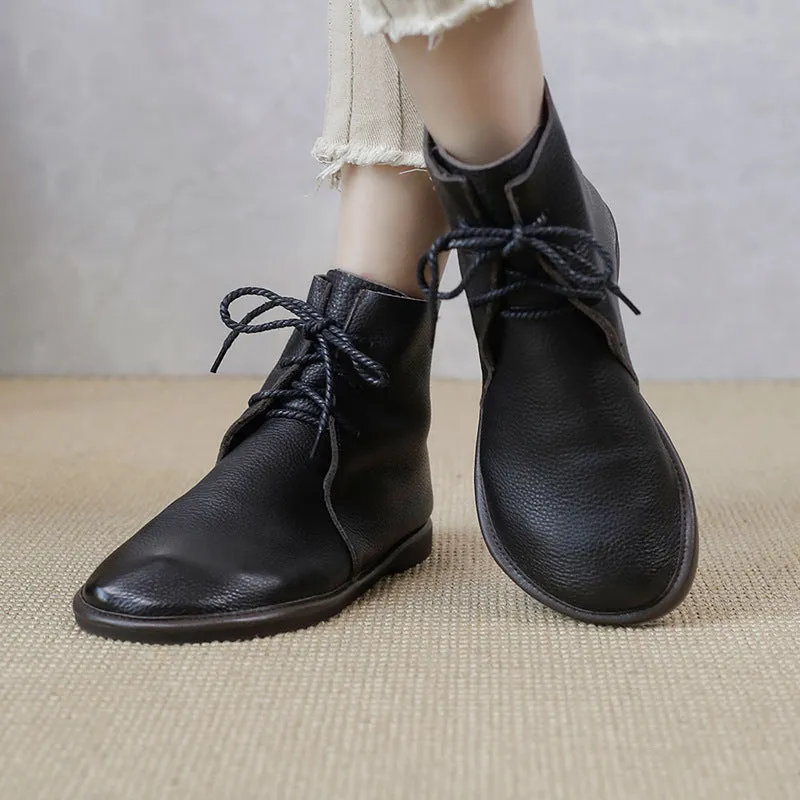 Handmade Women's Leather Barefoot Booties Round Toe Lace-Up Flat Ankle Boots Brown/Black/Coffee