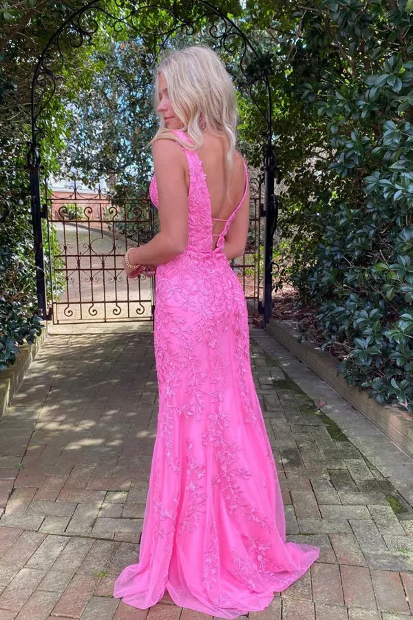 Hot Pink Mermaid Deep V-Neck Prom Dress With Appliques PSK457