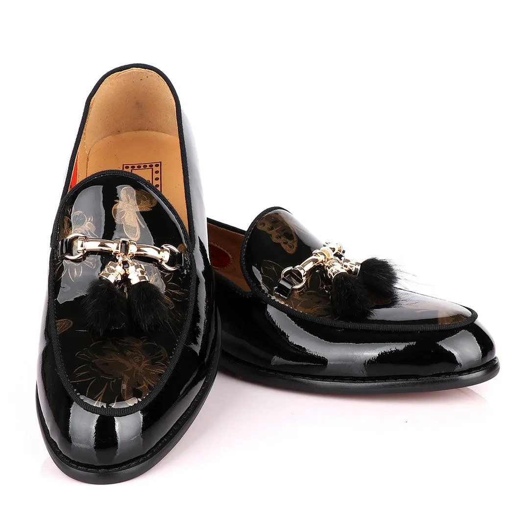 John Foster Classic wetlips Tassels Gold Chain Black Loafers Shoe