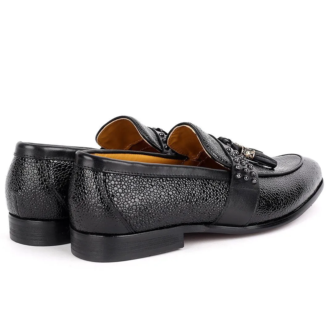 John Mendson Executive Black Croc Leather Loafers Shoe With Silver Logo Design