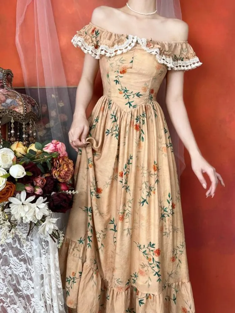 Joskaa Floral Print French Vintage Dress Women Off Shoulder Elegant Sweet Long Dress Female Lace Retro Evening Party Dress Summer 2024