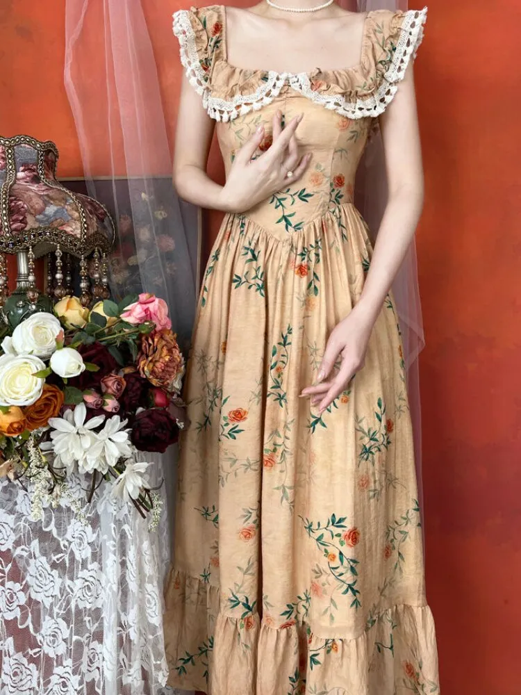 Joskaa Floral Print French Vintage Dress Women Off Shoulder Elegant Sweet Long Dress Female Lace Retro Evening Party Dress Summer 2024