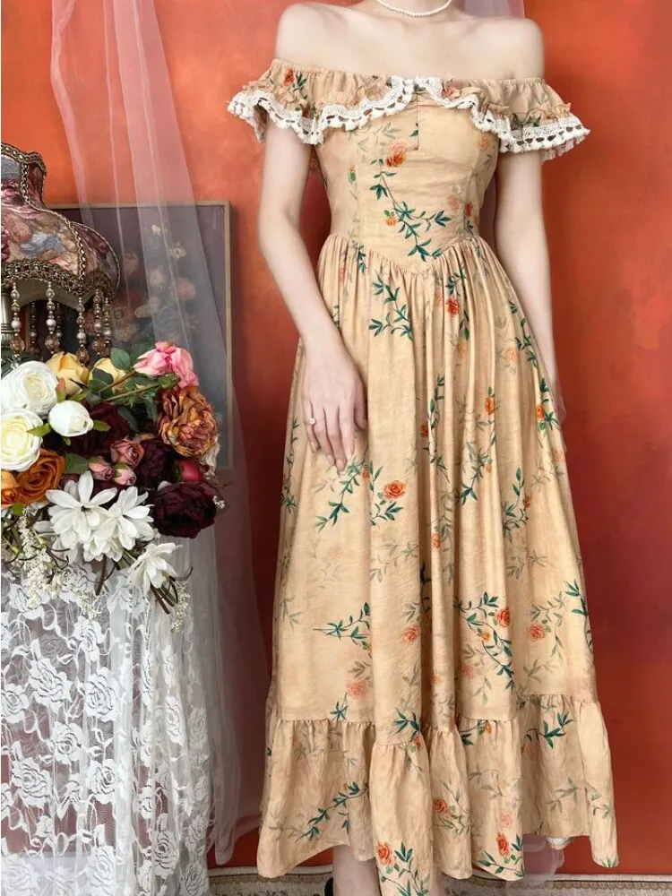 Joskaa Floral Print French Vintage Dress Women Off Shoulder Elegant Sweet Long Dress Female Lace Retro Evening Party Dress Summer 2024