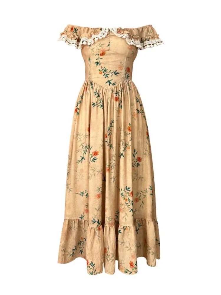 Joskaa Floral Print French Vintage Dress Women Off Shoulder Elegant Sweet Long Dress Female Lace Retro Evening Party Dress Summer 2024