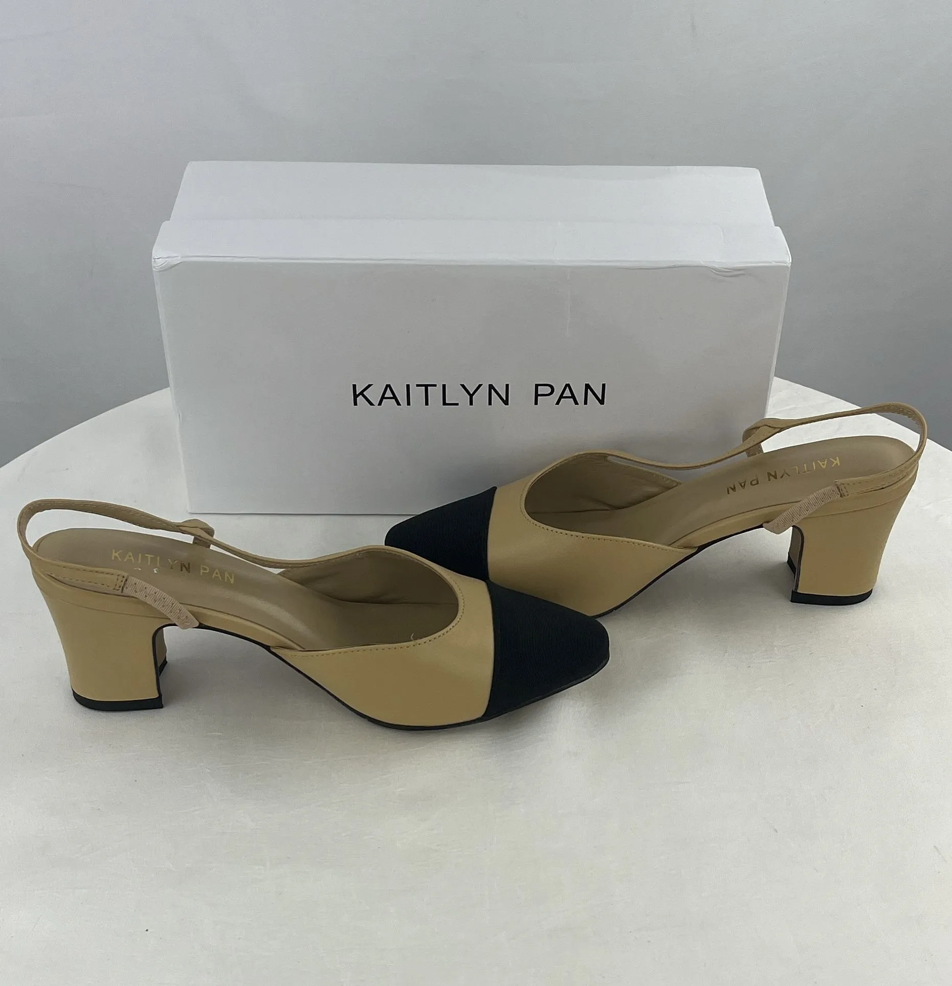 Kaitlyn Pan Women's Tan Black Slingback Sandals Block Heel Size 7