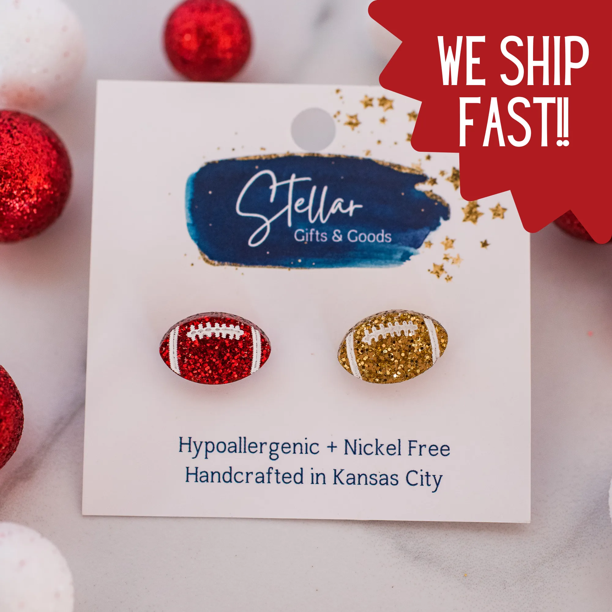 Kansas City Football Glitter Hand Painted Football Studs