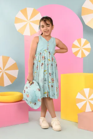 Magical Mushrooms- Blue Tencel Midi Dress For Girls