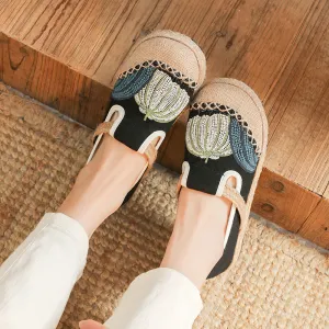 Minimalist Color Matching Ethnic Embroidered Women's Cloth Shoes with Shallow Mouth, Lazy Kick, Comfortable Knitted Sole