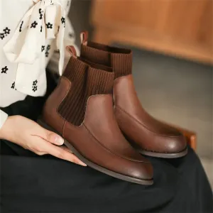 Mori Style Elegant Ankle Booties Low Heel Handmade Chelsea Boots with Knit Tube in Black/Brown