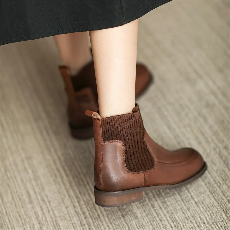 Mori Style Elegant Ankle Booties Low Heel Handmade Chelsea Boots with Knit Tube in Black/Brown