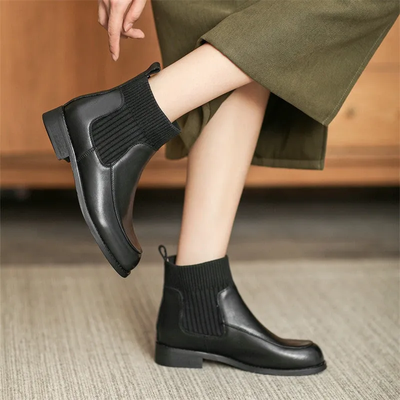 Mori Style Elegant Ankle Booties Low Heel Handmade Chelsea Boots with Knit Tube in Black/Brown