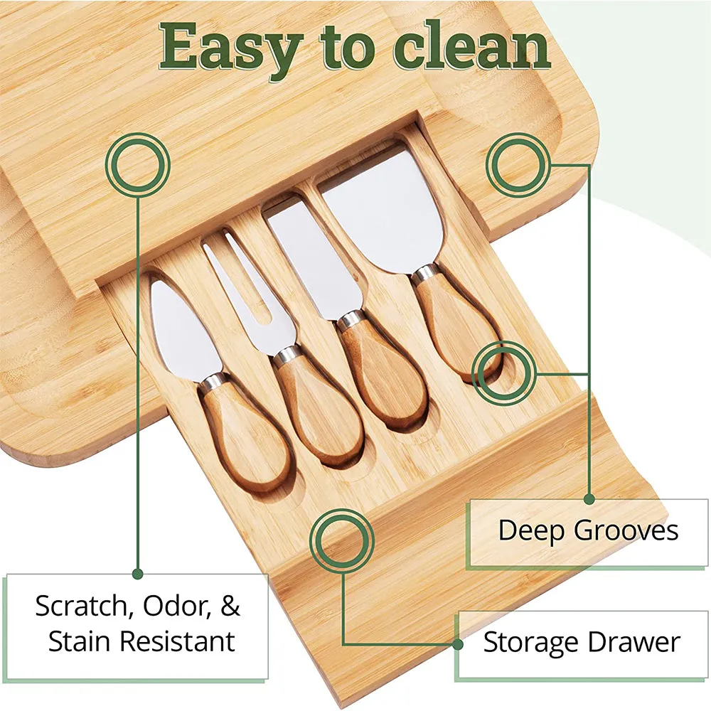 (NET) Bamboo Squared Board Wooden Serving Tray with Cutlery in Slide-Out Drawer