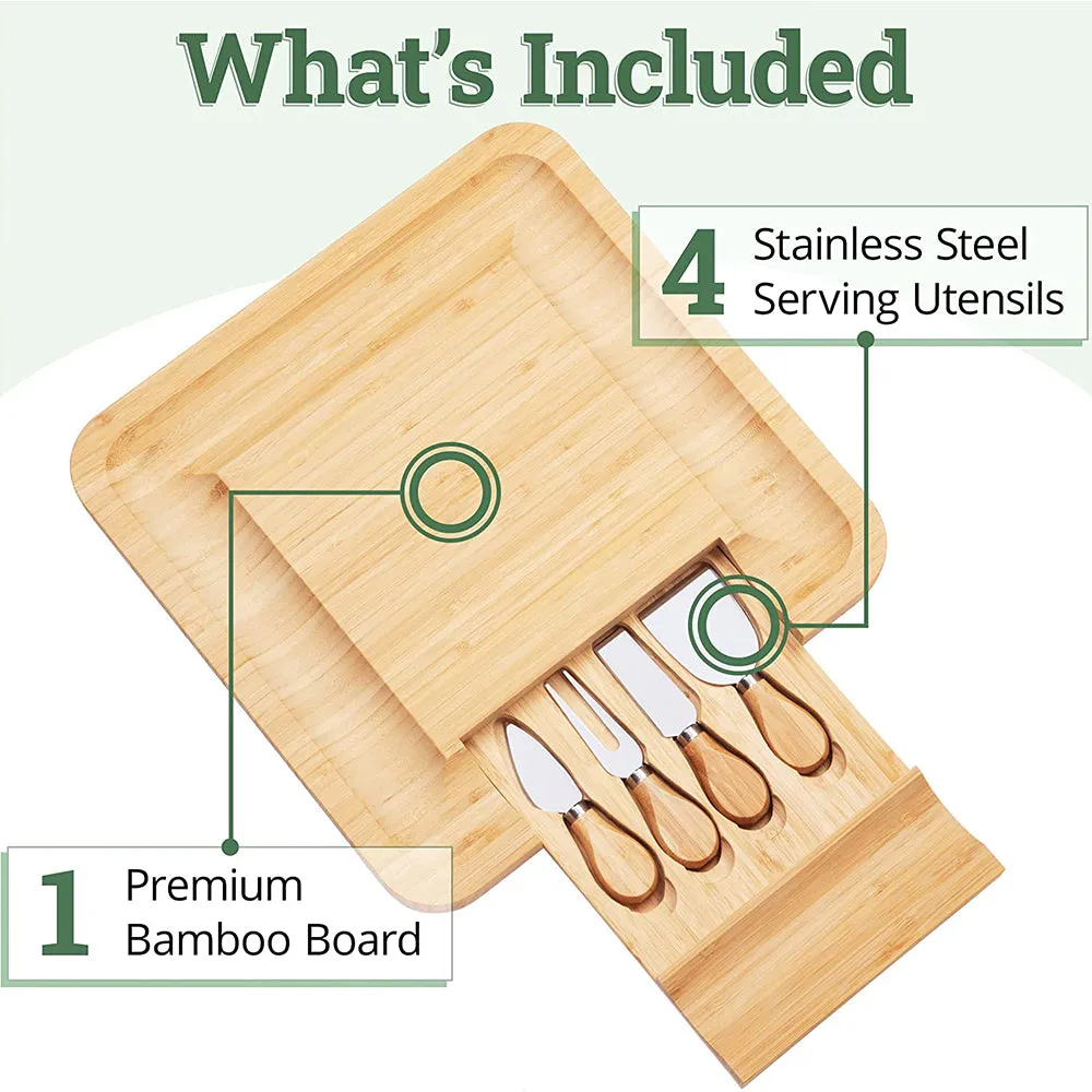 (NET) Bamboo Squared Board Wooden Serving Tray with Cutlery in Slide-Out Drawer