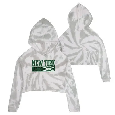 New - NFL New York Jets Girls' Gray Tie-Dye Crop Hooded Sweatshirt - L