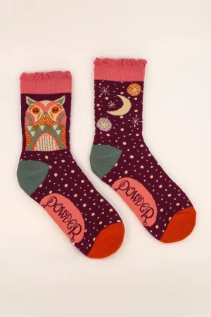 Powder Ladies Bamboo Cotton Knit Socks - Owl by Moonlight - Grape