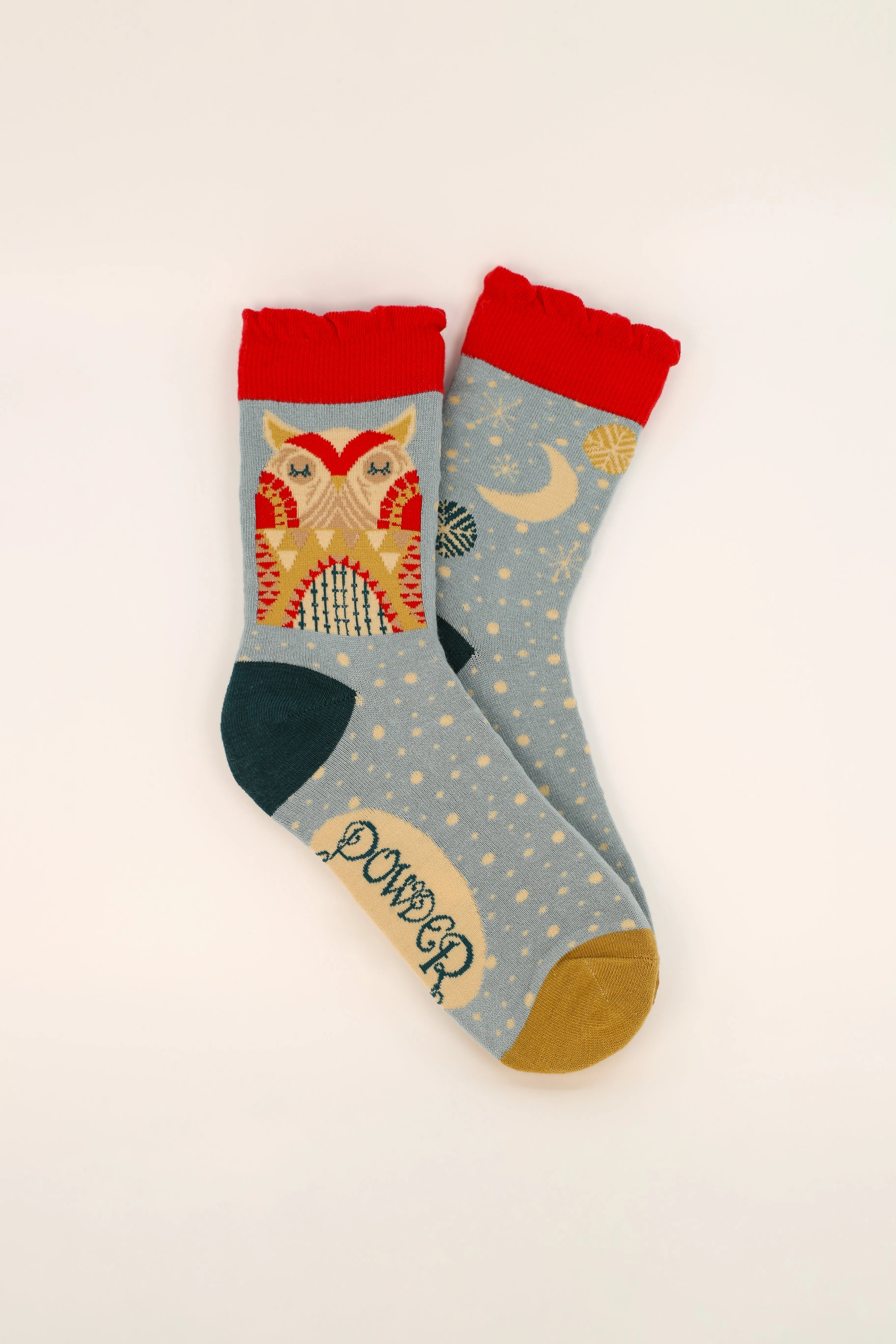 Powder Ladies Bamboo Cotton Knit Socks - Owl by Moonlight - Ice