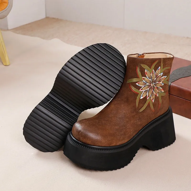 Retro Boots For Women Leather Platform Boots Hand Painted Flower Decoration Coffee/Black