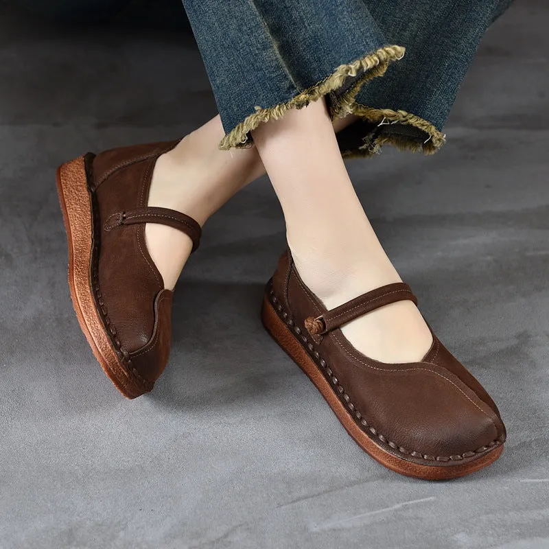 Retro Handmade Leather Flat Round Toe For Womens Mary Jane Shoes In Coffee/Brown