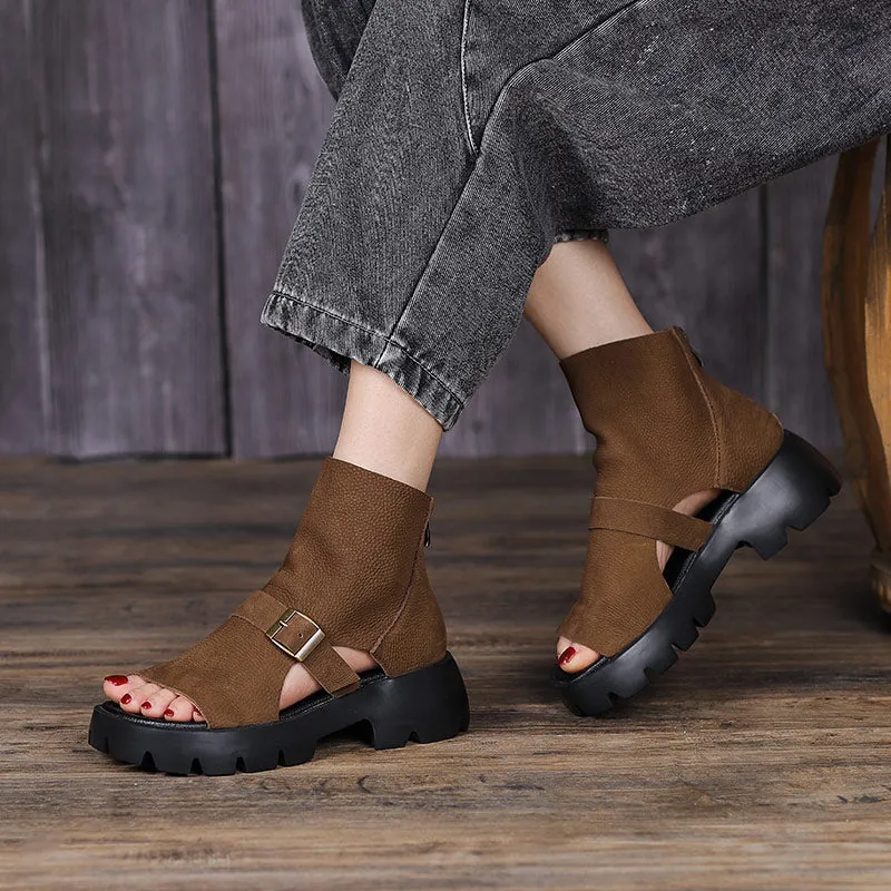 Retro Soft Leather  Chunky Sandals Platform Summer Boots for Women Coffee/Brown/Khaki