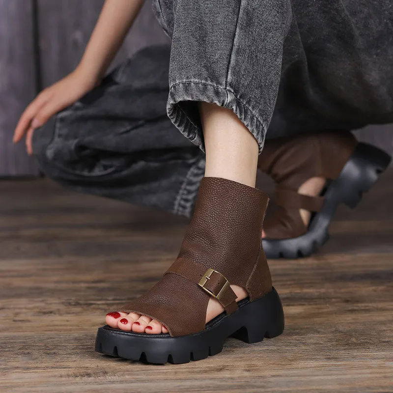 Retro Soft Leather  Chunky Sandals Platform Summer Boots for Women Coffee/Brown/Khaki