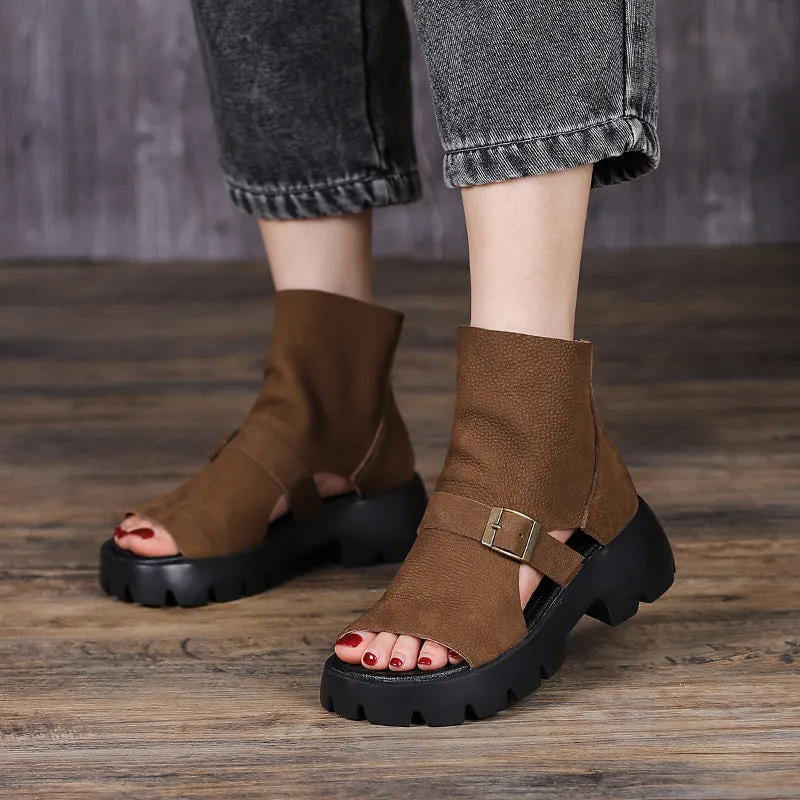 Retro Soft Leather  Chunky Sandals Platform Summer Boots for Women Coffee/Brown/Khaki