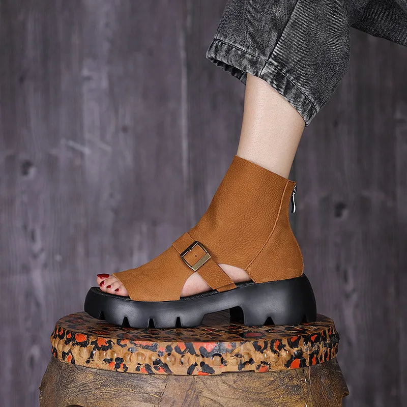 Retro Soft Leather  Chunky Sandals Platform Summer Boots for Women Coffee/Brown/Khaki