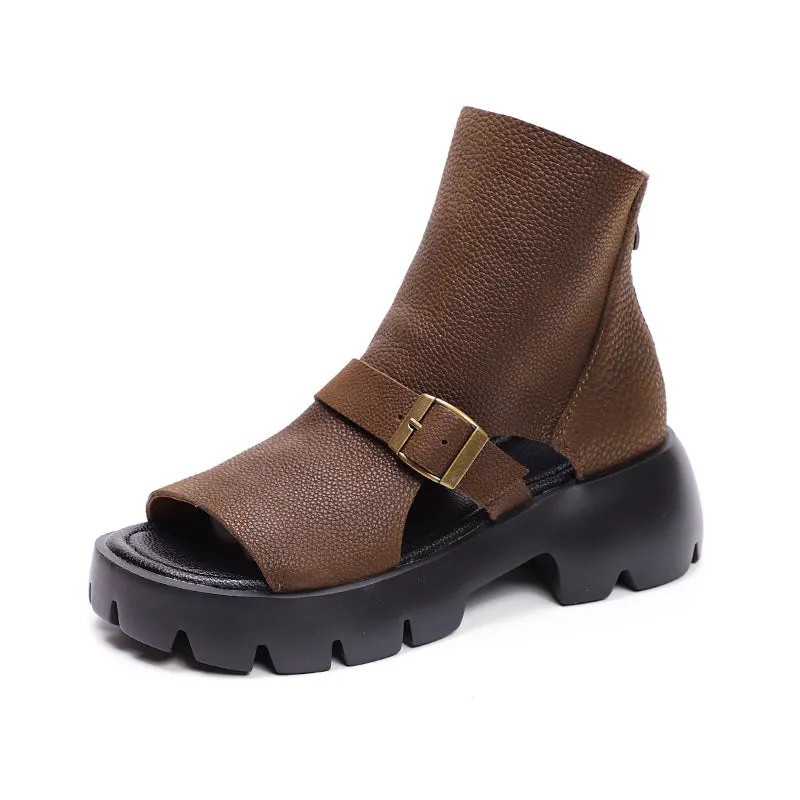 Retro Soft Leather  Chunky Sandals Platform Summer Boots for Women Coffee/Brown/Khaki