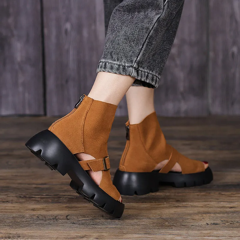 Retro Soft Leather  Chunky Sandals Platform Summer Boots for Women Coffee/Brown/Khaki