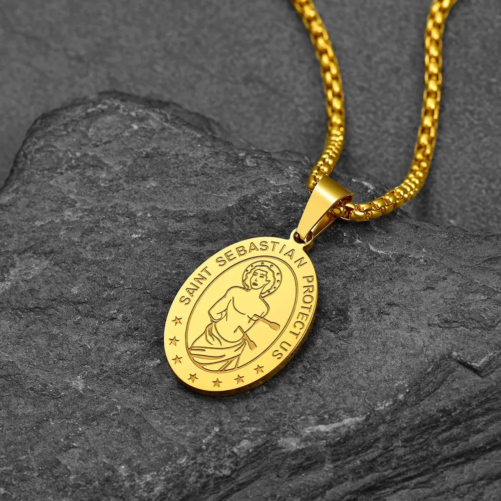 Saint Sebastian Football Necklace Medal in Stainless Steel