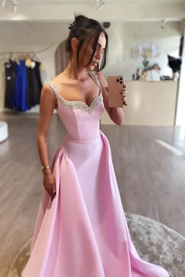 Simple A Line Pink Satin Long Prom Dresses with Beadings PSK562