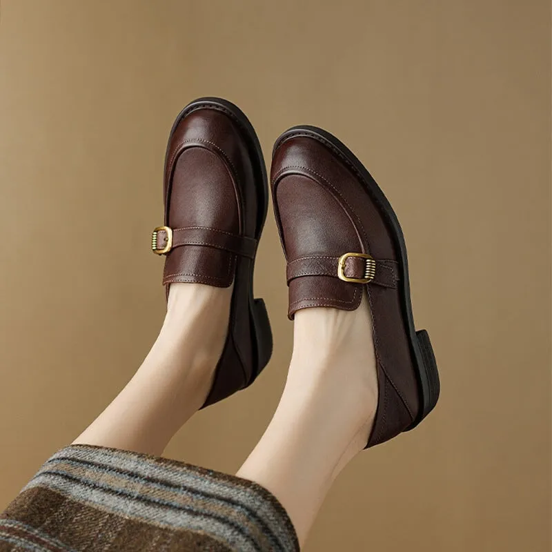 Soft Leather Loafers for Women with Metal Buckle in Brown/Black