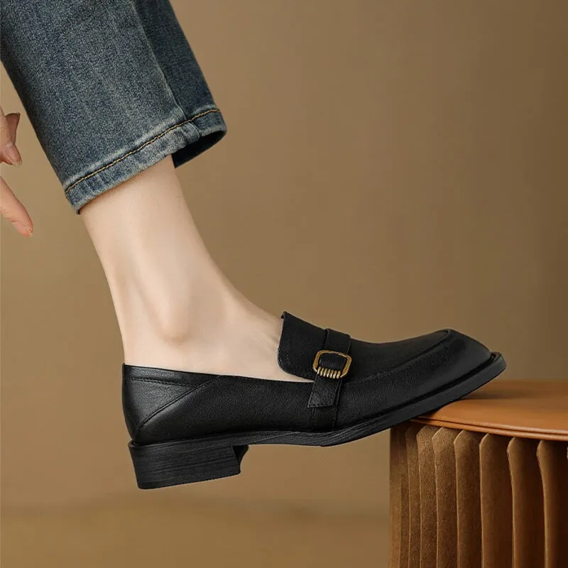 Soft Leather Loafers for Women with Metal Buckle in Brown/Black