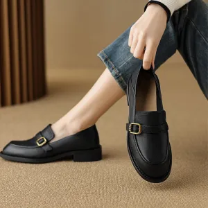 Soft Leather Loafers for Women with Metal Buckle in Brown/Black