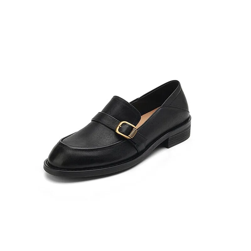 Soft Leather Loafers for Women with Metal Buckle in Brown/Black